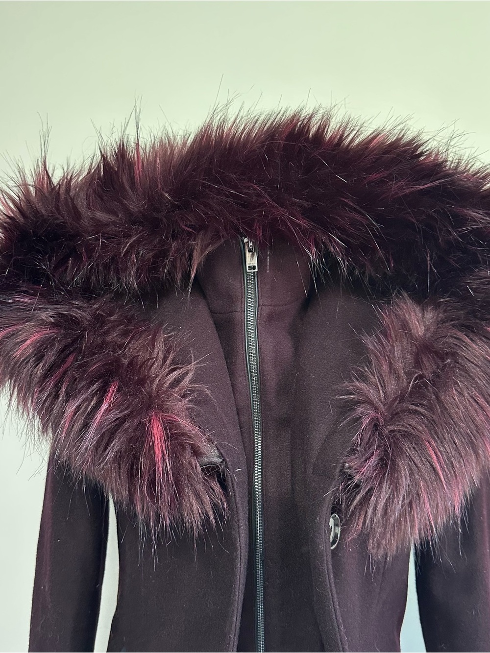 Women's Faux-Fur Trim Wool Blend Coat in Burgundy